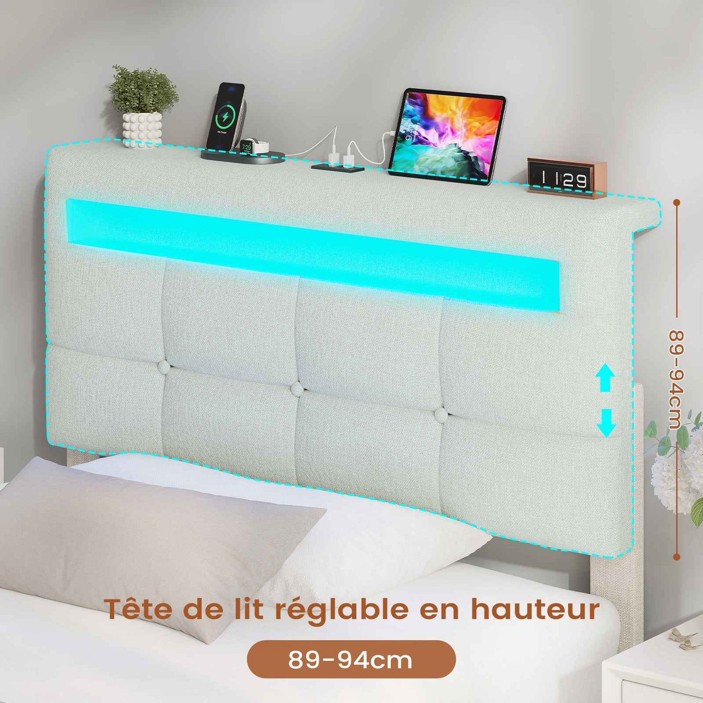 AOGLLATI 90 × 200 cm  lit double avec éclairage LED et port USB, espace de rangement tête de lit réglable sommier à lattes rembourré