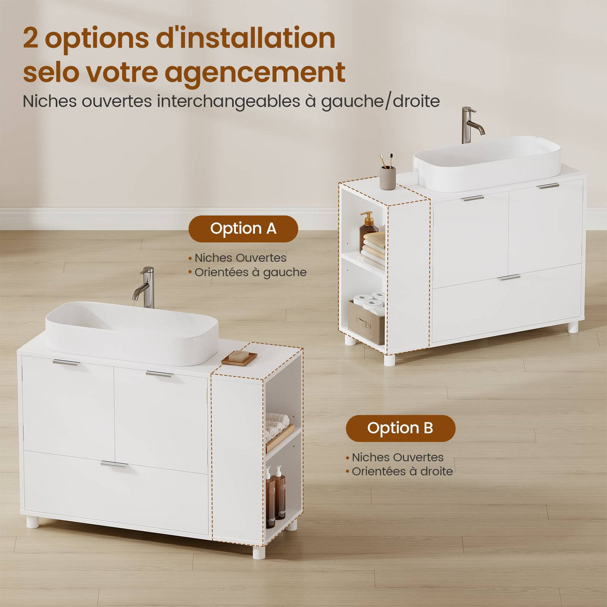 AOGLLATI Meuble-lavabo blanc avec double porte grands tiroirs et étagère ouverte sur un côté Dimensions  30 x 60 x 75 cm