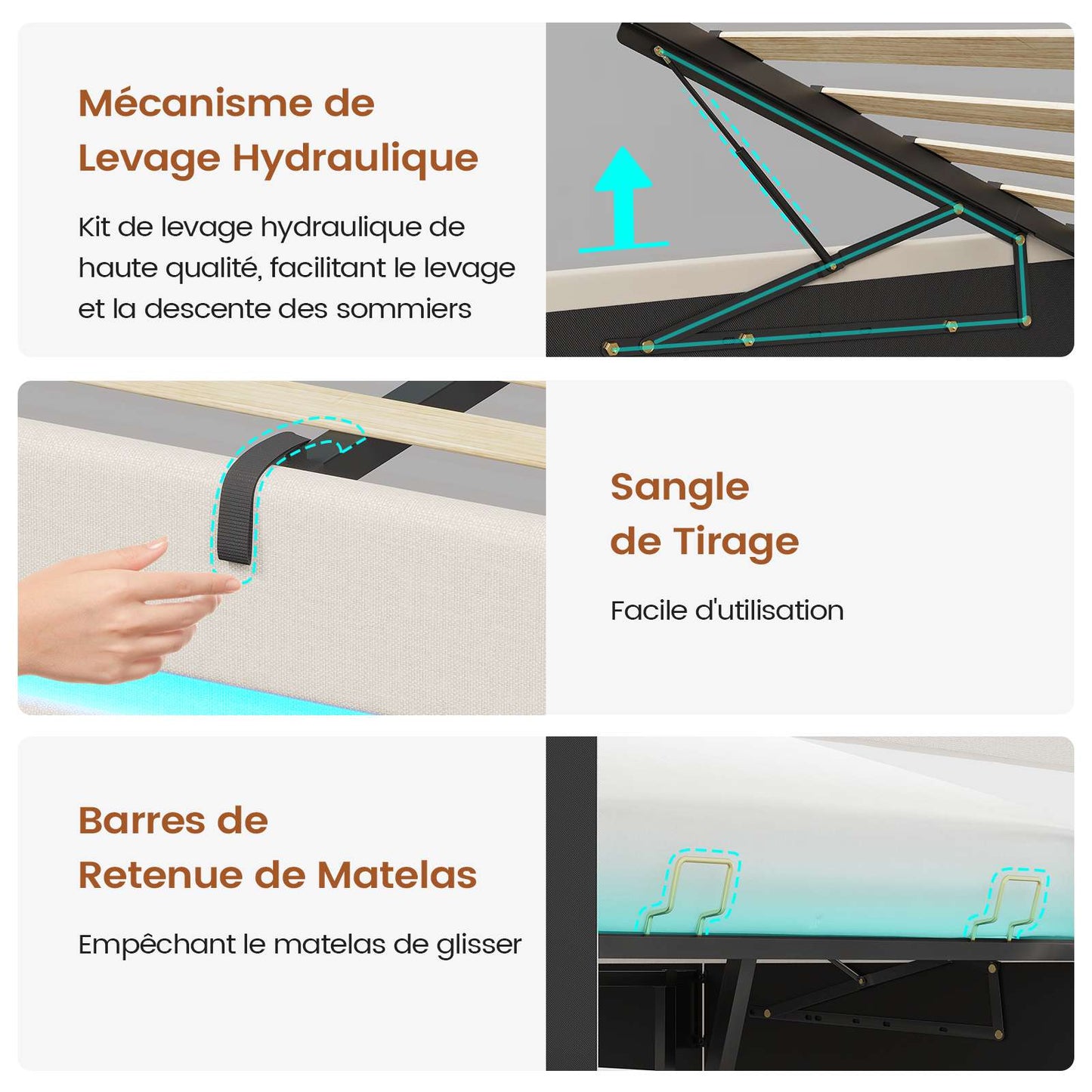 AOGLLATI 90 × 200 cm  lit double avec éclairage LED et port USB, espace de rangement tête de lit réglable sommier à lattes rembourré