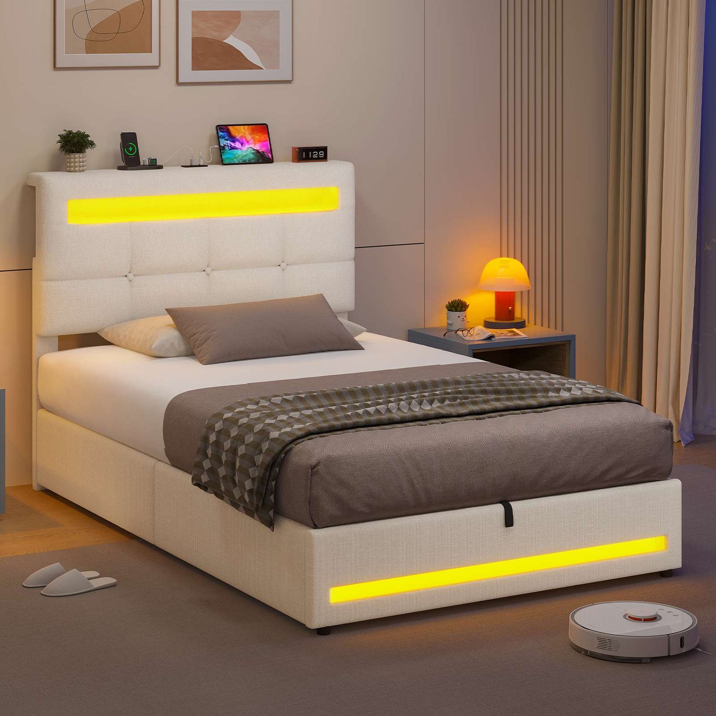 AOGLLATI 90 × 200 cm  lit double avec éclairage LED et port USB, espace de rangement tête de lit réglable sommier à lattes rembourré