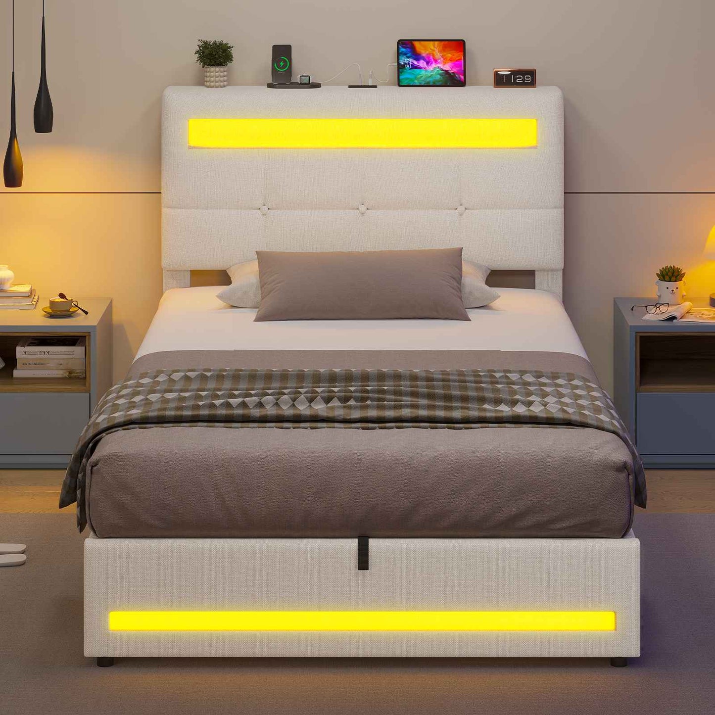 AOGLLATI 90 × 200 cm  lit double avec éclairage LED et port USB, espace de rangement tête de lit réglable sommier à lattes rembourré
