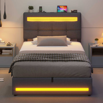 AOGLLATI 90 × 200 cm  lit double avec éclairage LED et port USB, espace de rangement tête de lit réglable sommier à lattes rembourré