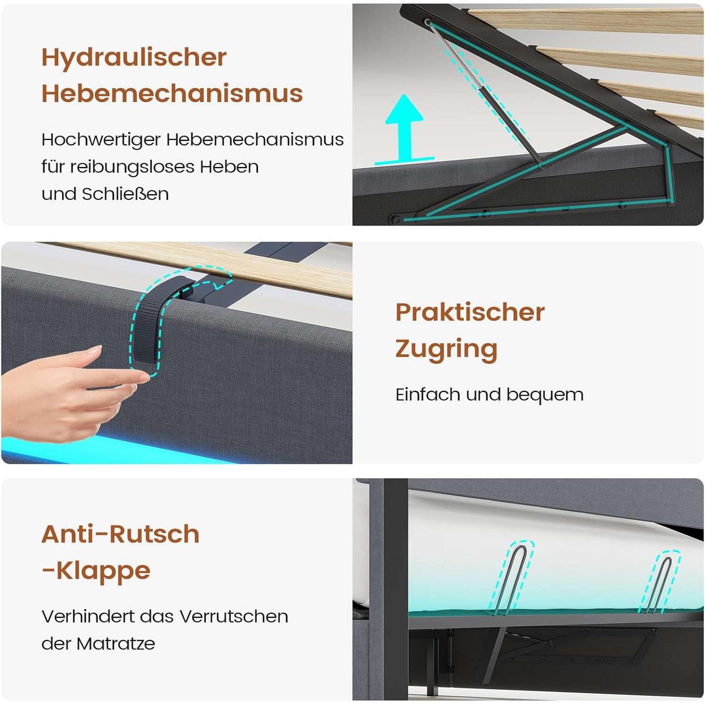 AOGLLATI 160 × 200 cm  lit double avec éclairage LED et port USB, espace de rangement tête de lit réglable sommier à lattes rembourré