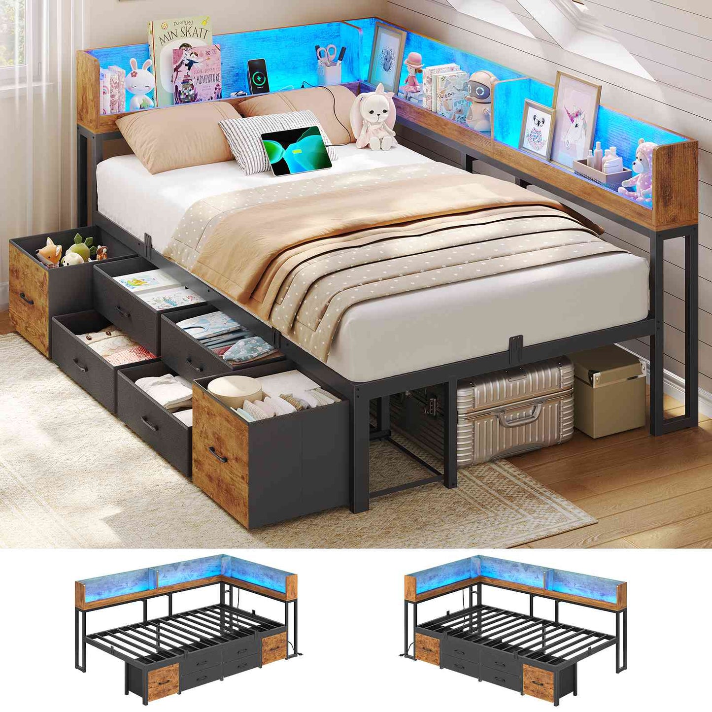 Canapé-lit AOGLLATI à dossier rabattable avec éclairage LED et multiprise lit 90 x 190 avec sommier métallique 3 compartiments de rangement ouverts et 6 tiroirs