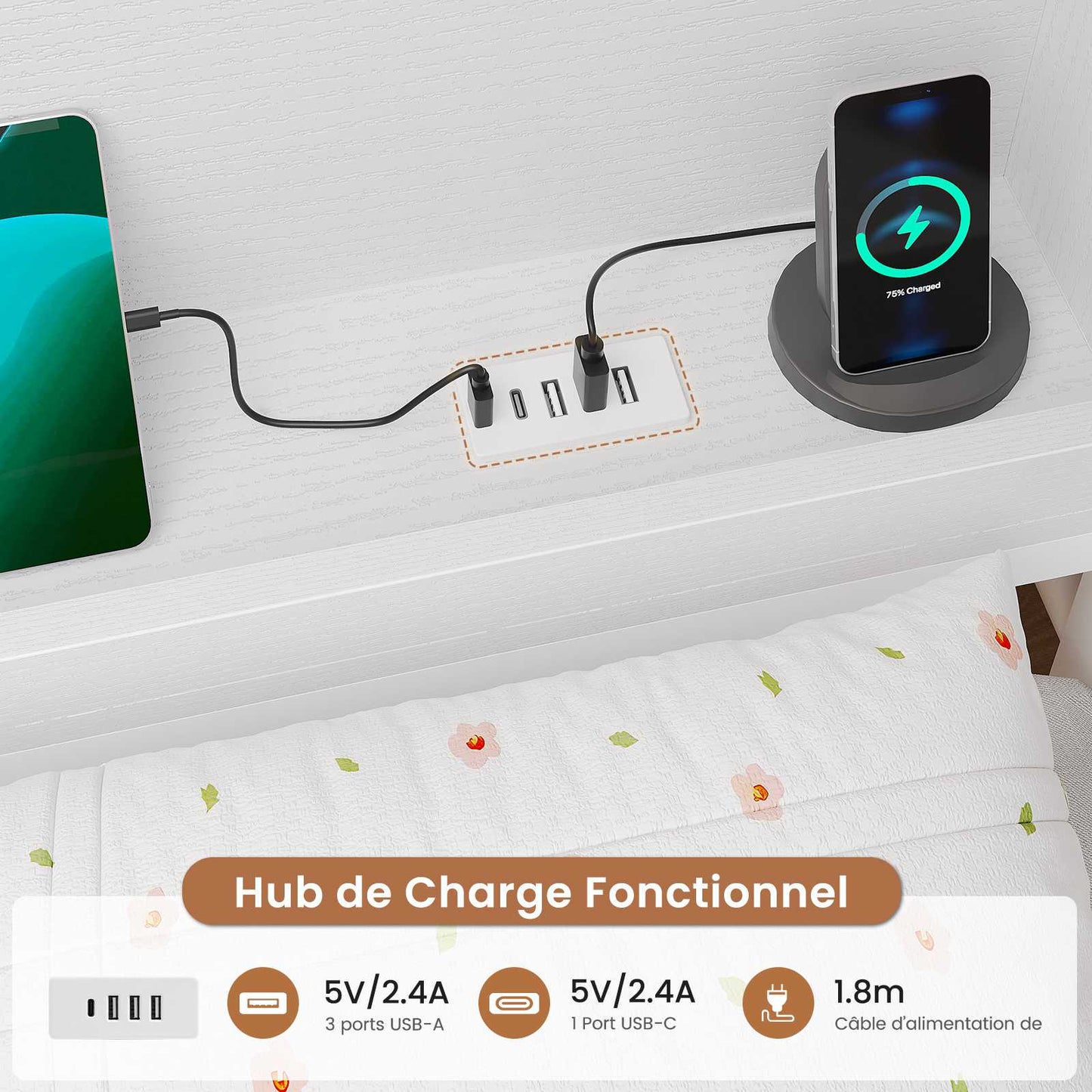 Canapé-lit AOGLLATI à dossier rabattable avec éclairage LED et multiprise lit 90 x 190 avec sommier métallique 3 compartiments de rangement ouverts et 6 tiroirs