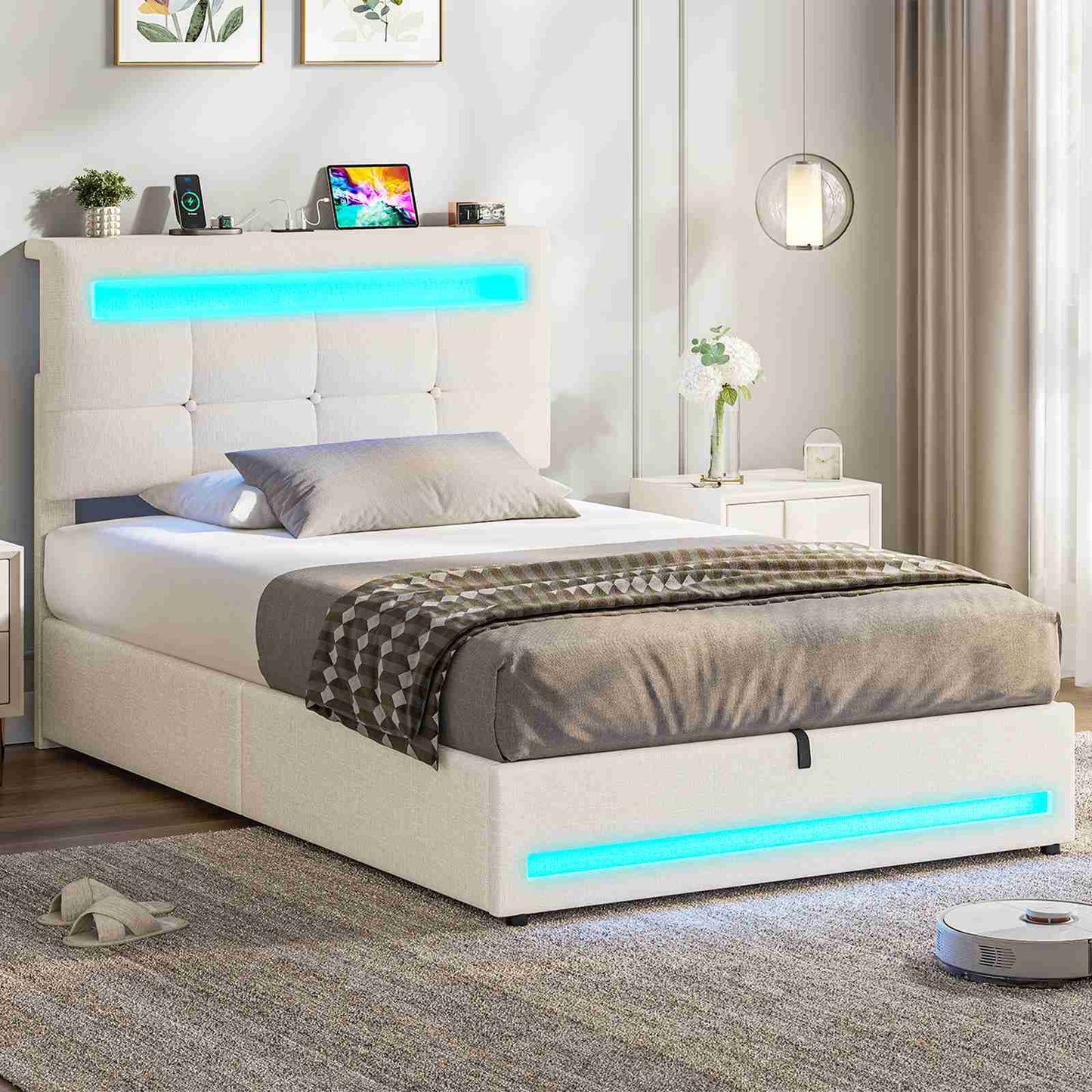 AOGLLATI 90 × 200 cm  lit double avec éclairage LED et port USB, espace de rangement tête de lit réglable sommier à lattes rembourré