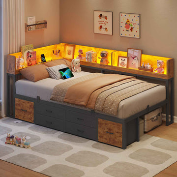 Canapé-lit AOGLLATI à dossier rabattable avec éclairage LED et multiprise lit 90 x 200 avec sommier métallique 3 compartiments de rangement ouverts et 6 tiroirs