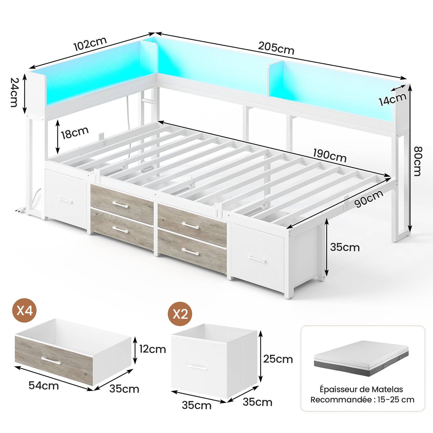 Canapé-lit AOGLLATI à dossier rabattable avec éclairage LED et multiprise lit 90 x 190 avec sommier métallique 3 compartiments de rangement ouverts et 6 tiroirs