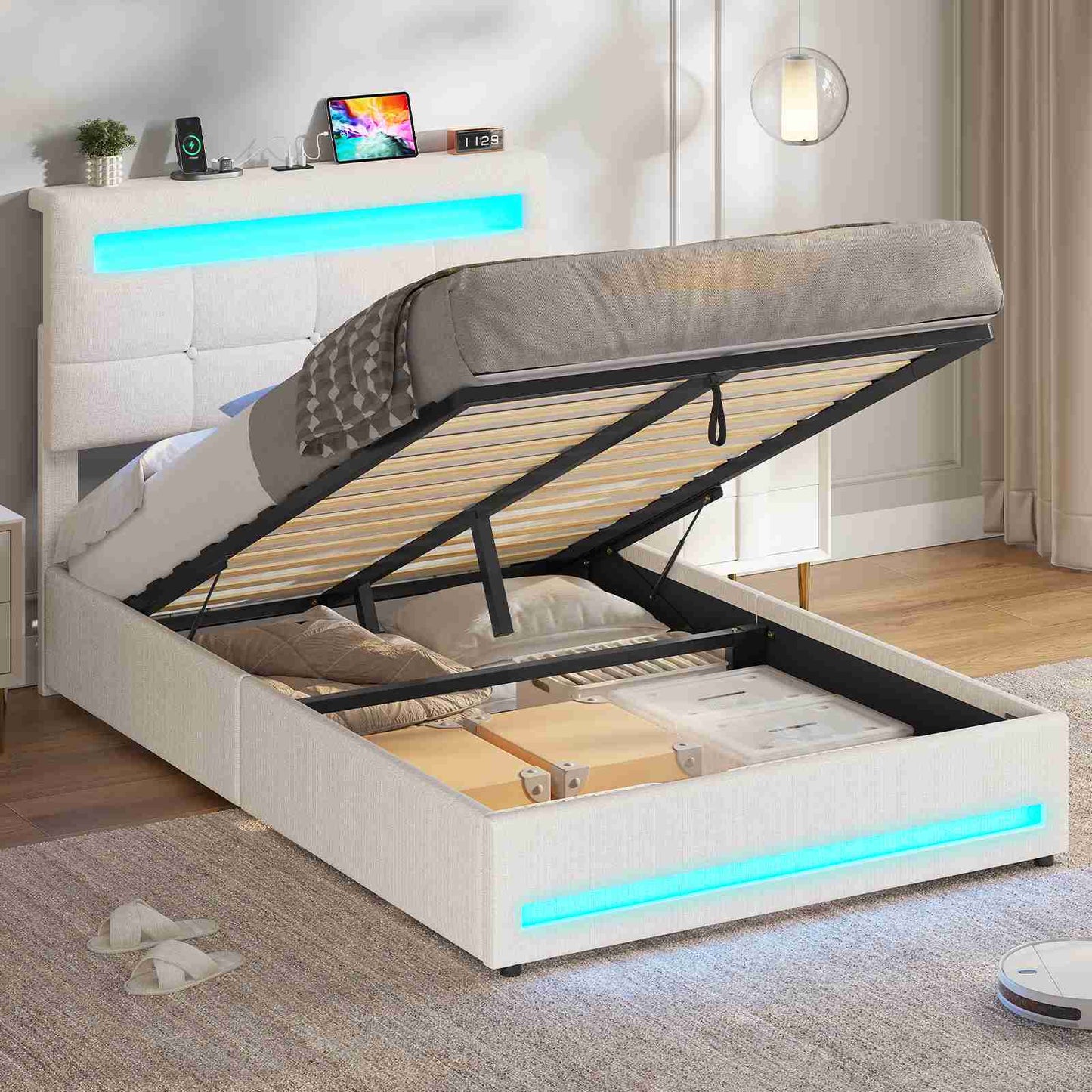 AOGLLATI 90 × 200 cm  lit double avec éclairage LED et port USB, espace de rangement tête de lit réglable sommier à lattes rembourré
