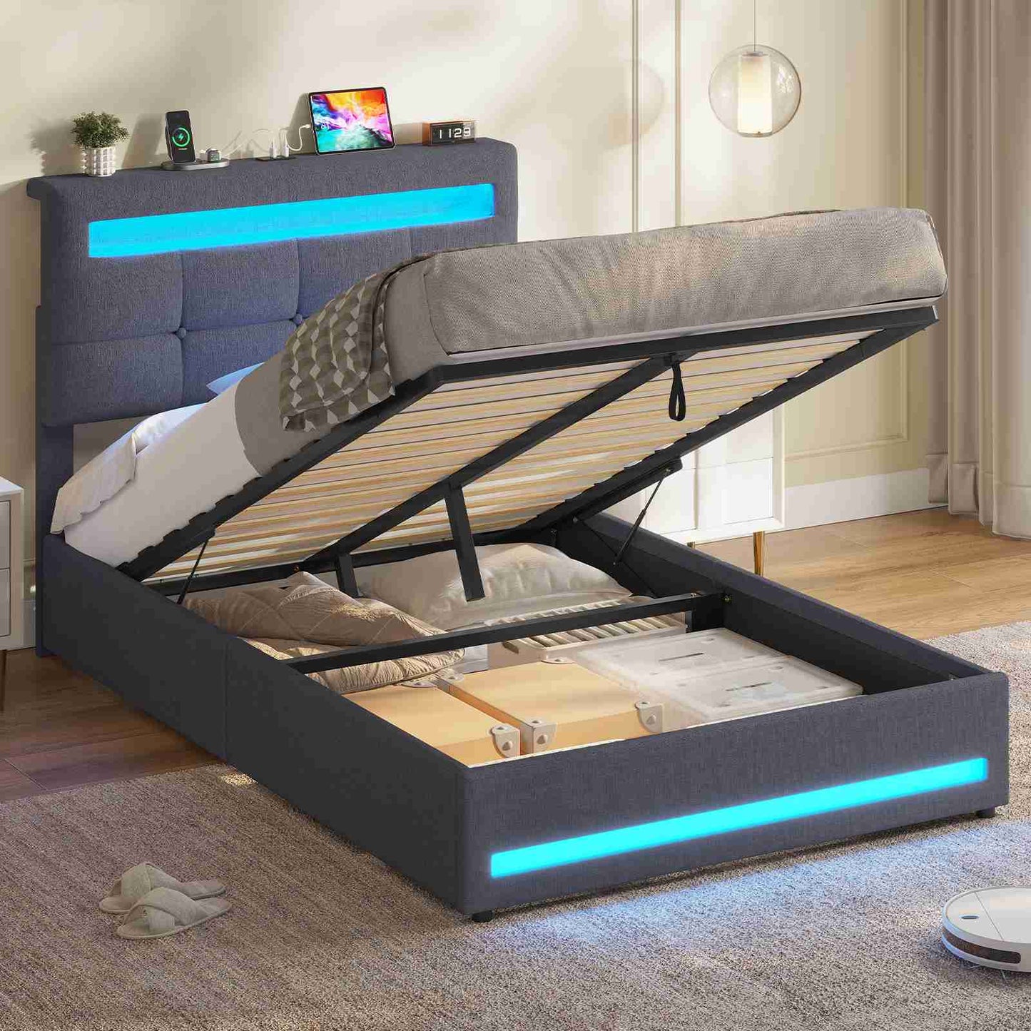 AOGLLATI 90 × 200 cm  lit double avec éclairage LED et port USB, espace de rangement tête de lit réglable sommier à lattes rembourré