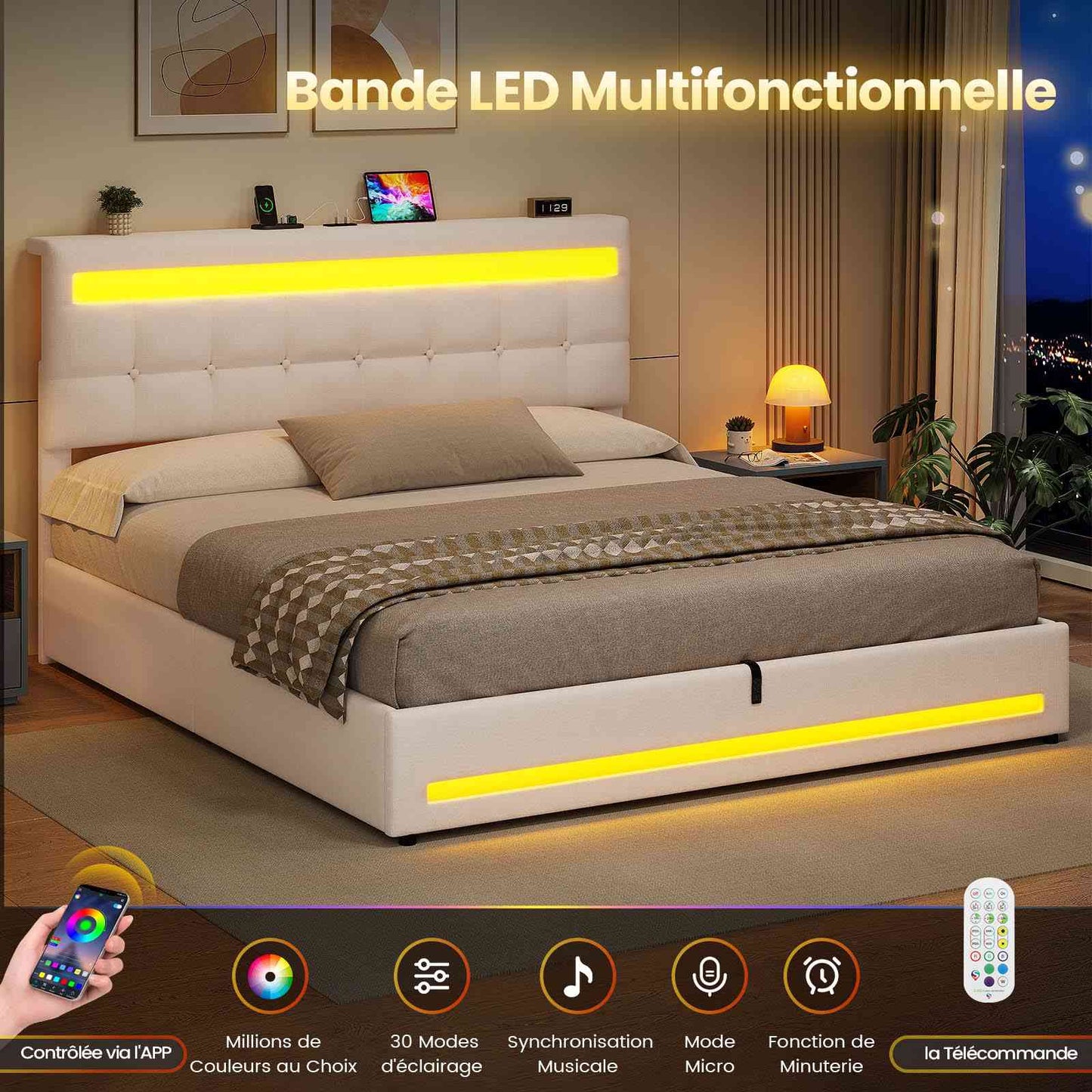 AOGLLATI 160 × 200 cm  lit double avec éclairage LED et port USB, espace de rangement tête de lit réglable sommier à lattes rembourré