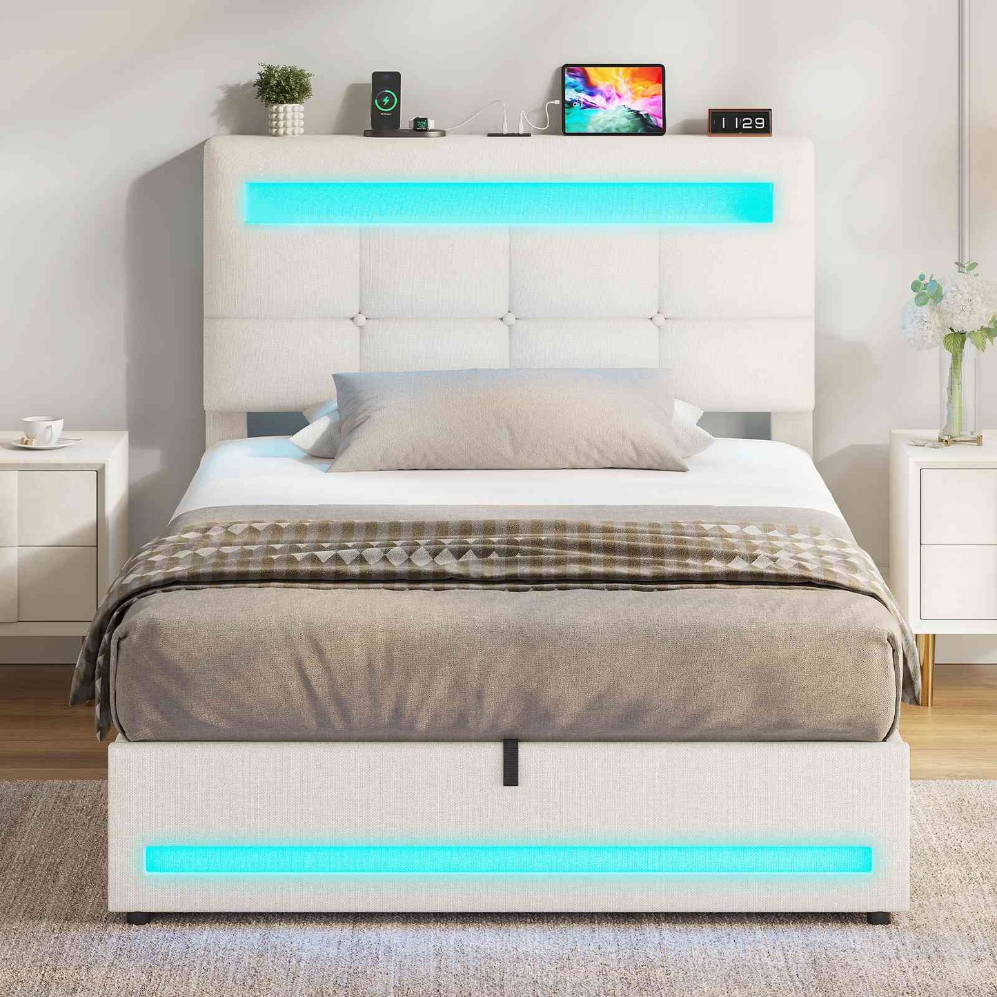 AOGLLATI 90 × 200 cm  lit double avec éclairage LED et port USB, espace de rangement tête de lit réglable sommier à lattes rembourré