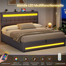 AOGLLATI 160 × 200 cm  lit double avec éclairage LED et port USB, espace de rangement tête de lit réglable sommier à lattes rembourré