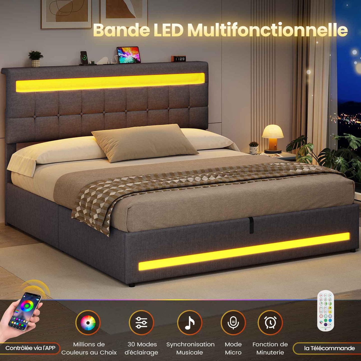 AOGLLATI 160 × 200 cm  lit double avec éclairage LED et port USB, espace de rangement tête de lit réglable sommier à lattes rembourré
