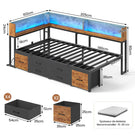 Canapé-lit AOGLLATI à dossier rabattable avec éclairage LED et multiprise lit 90 x 190 avec sommier métallique 3 compartiments de rangement ouverts et 6 tiroirs