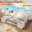 Canapé-lit AOGLLATI à dossier rabattable avec éclairage LED et multiprise lit 90 x 190 avec sommier métallique 3 compartiments de rangement ouverts et 6 tiroirs