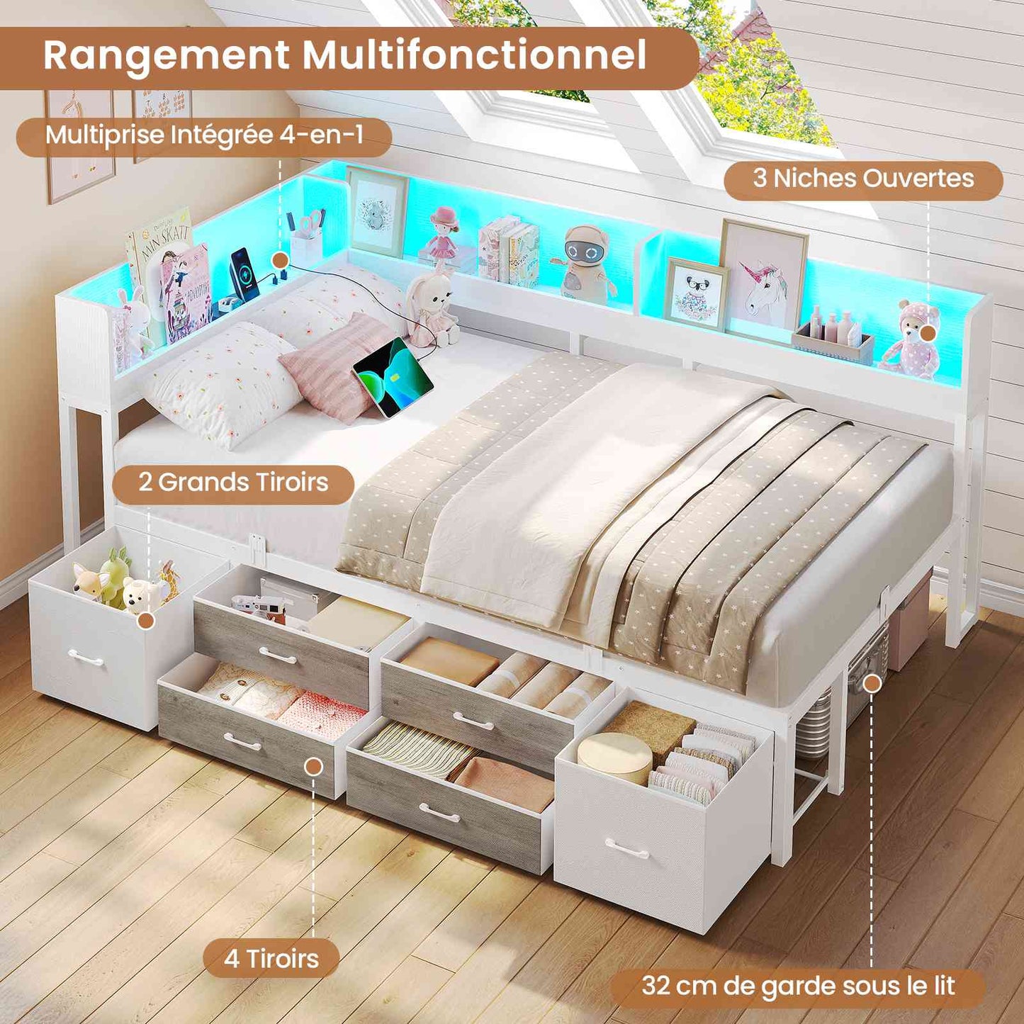 Canapé-lit AOGLLATI à dossier rabattable avec éclairage LED et multiprise lit 90 x 190 avec sommier métallique 3 compartiments de rangement ouverts et 6 tiroirs