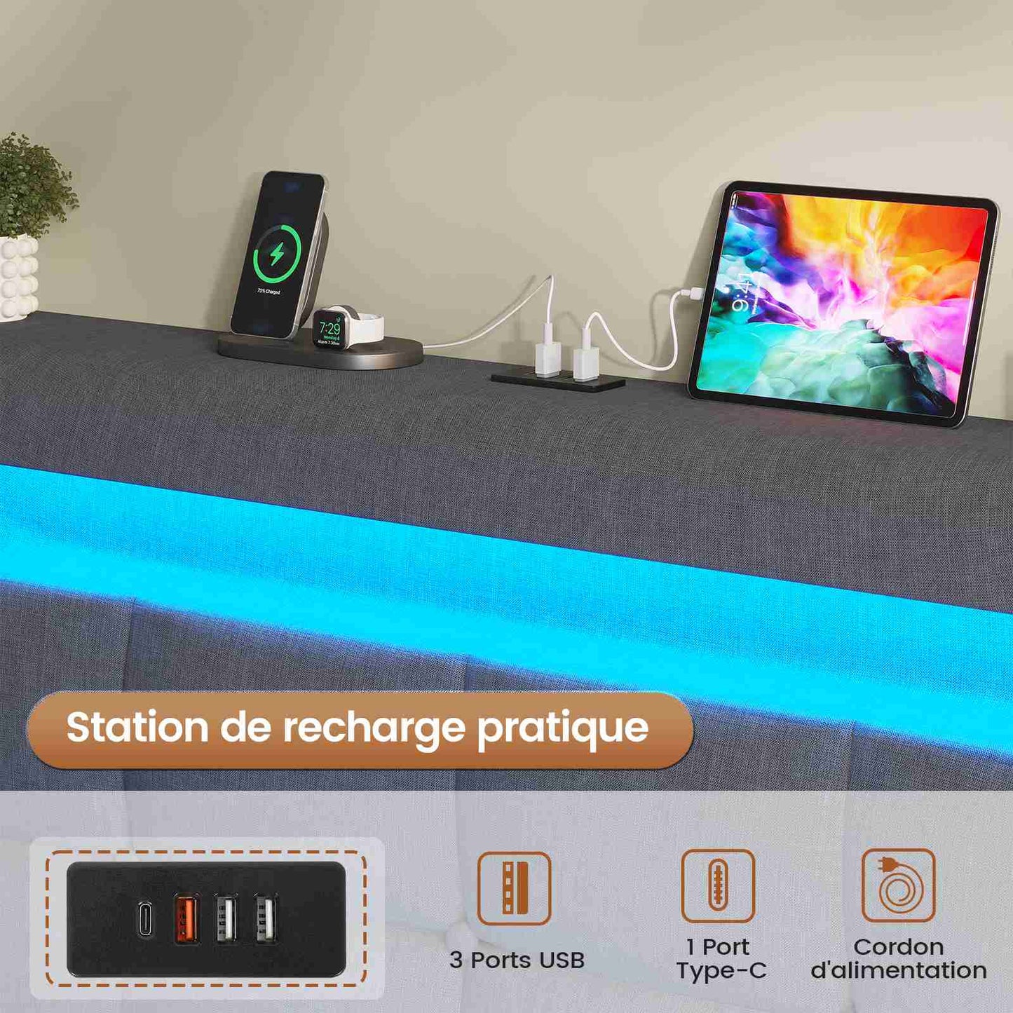 AOGLLATI 90 × 200 cm  lit double avec éclairage LED et port USB, espace de rangement tête de lit réglable sommier à lattes rembourré