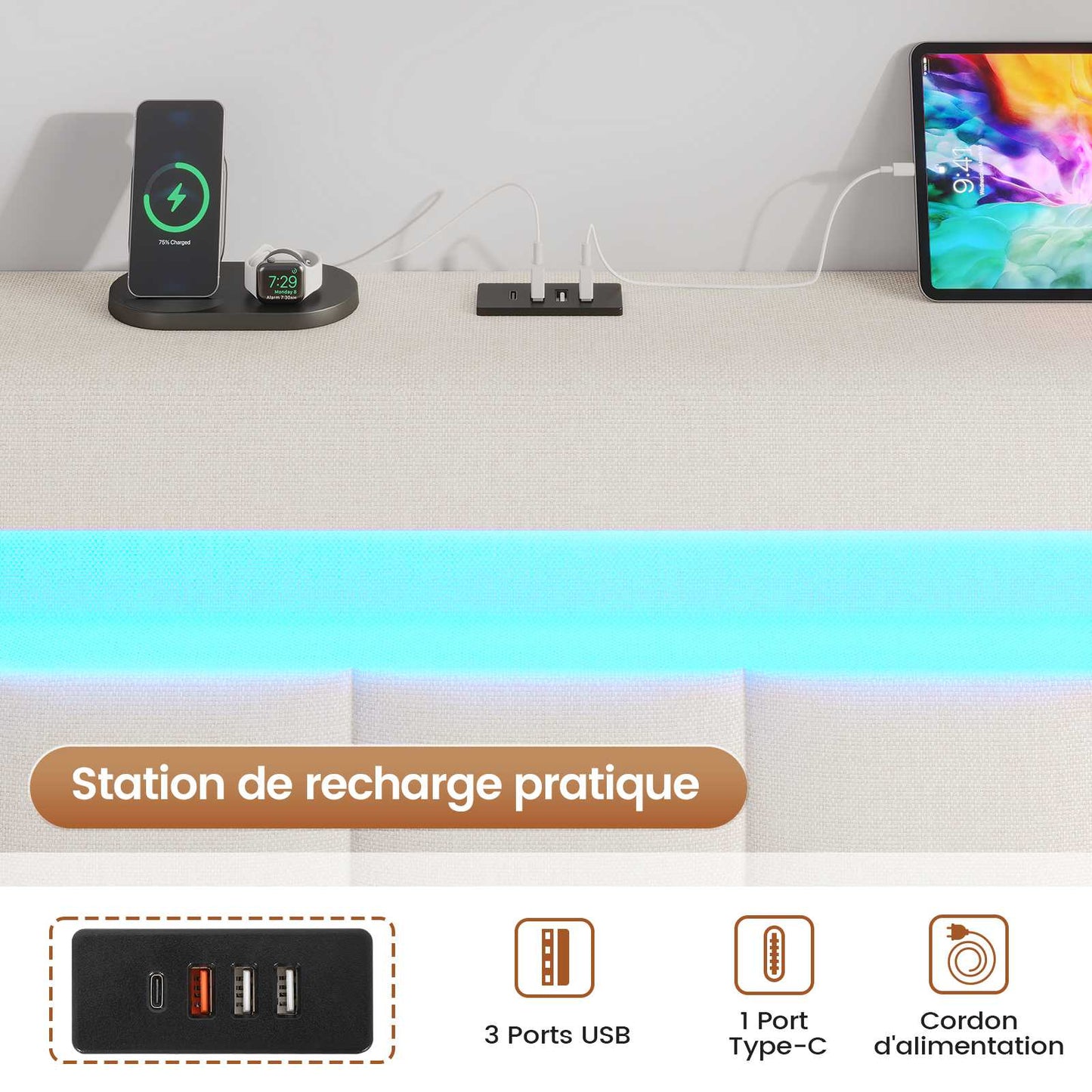 AOGLLATI 160 × 200 cm  lit double avec éclairage LED et port USB, espace de rangement tête de lit réglable sommier à lattes rembourré