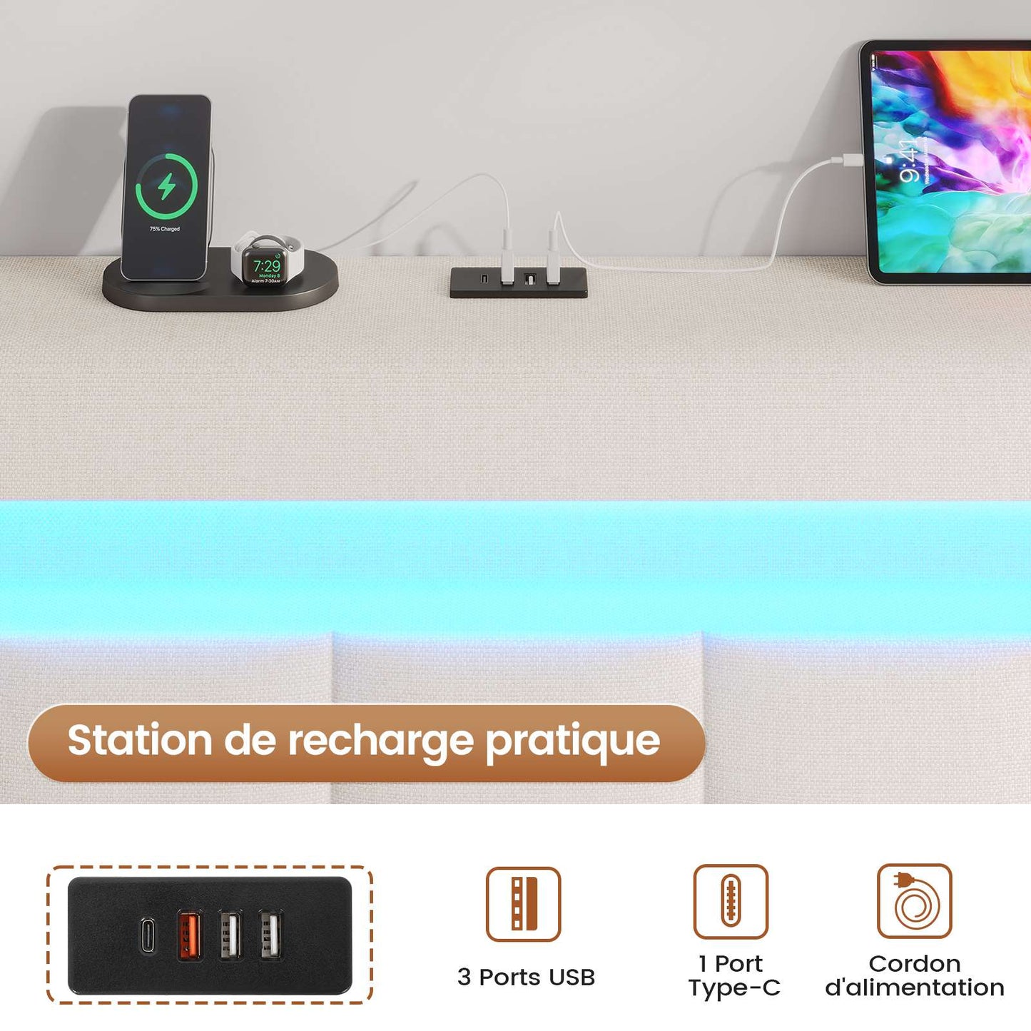 AOGLLATI 90 × 200 cm  lit double avec éclairage LED et port USB, espace de rangement tête de lit réglable sommier à lattes rembourré