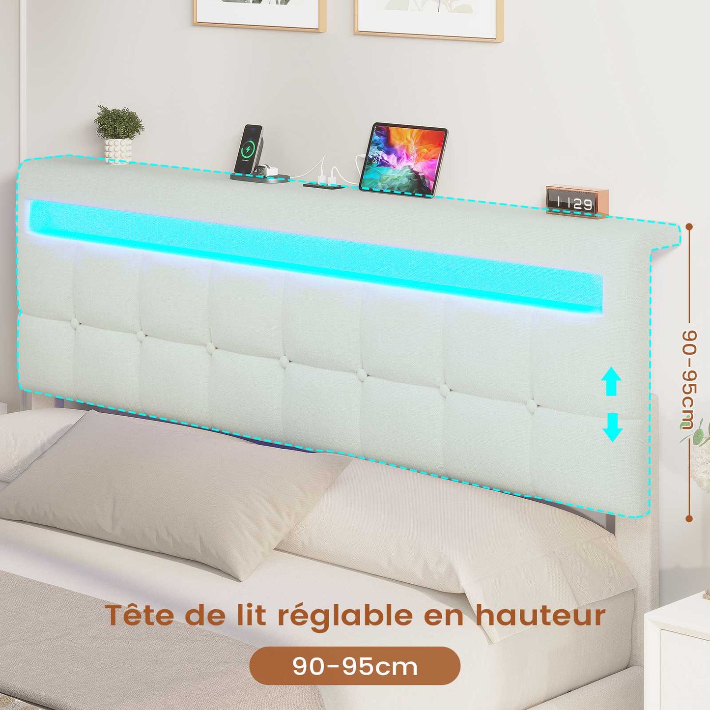 AOGLLATI 160 × 200 cm  lit double avec éclairage LED et port USB, espace de rangement tête de lit réglable sommier à lattes rembourré