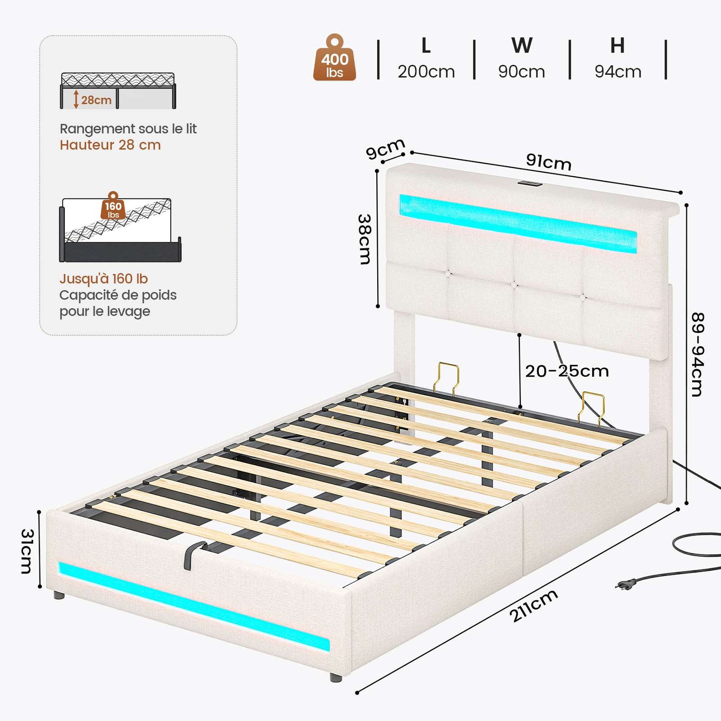 AOGLLATI 90 × 200 cm  lit double avec éclairage LED et port USB, espace de rangement tête de lit réglable sommier à lattes rembourré