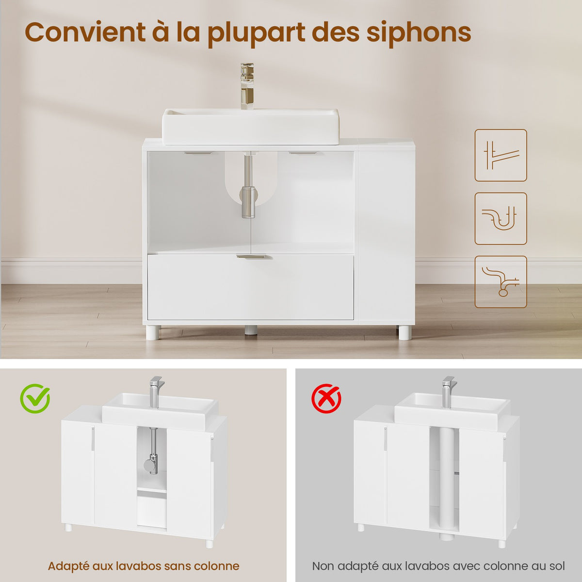 AOGLLATI Meuble-lavabo blanc avec double porte grands tiroirs et étagère ouverte sur un côté Dimensions  30 x 60 x 75 cm