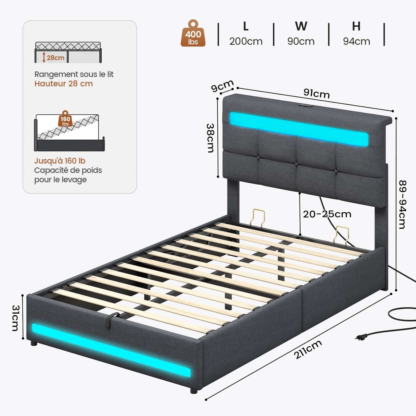 AOGLLATI 90 × 200 cm  lit double avec éclairage LED et port USB, espace de rangement tête de lit réglable sommier à lattes rembourré