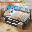 Canapé-lit AOGLLATI à dossier rabattable avec éclairage LED et multiprise lit 90 x 190 avec sommier métallique 3 compartiments de rangement ouverts et 6 tiroirs