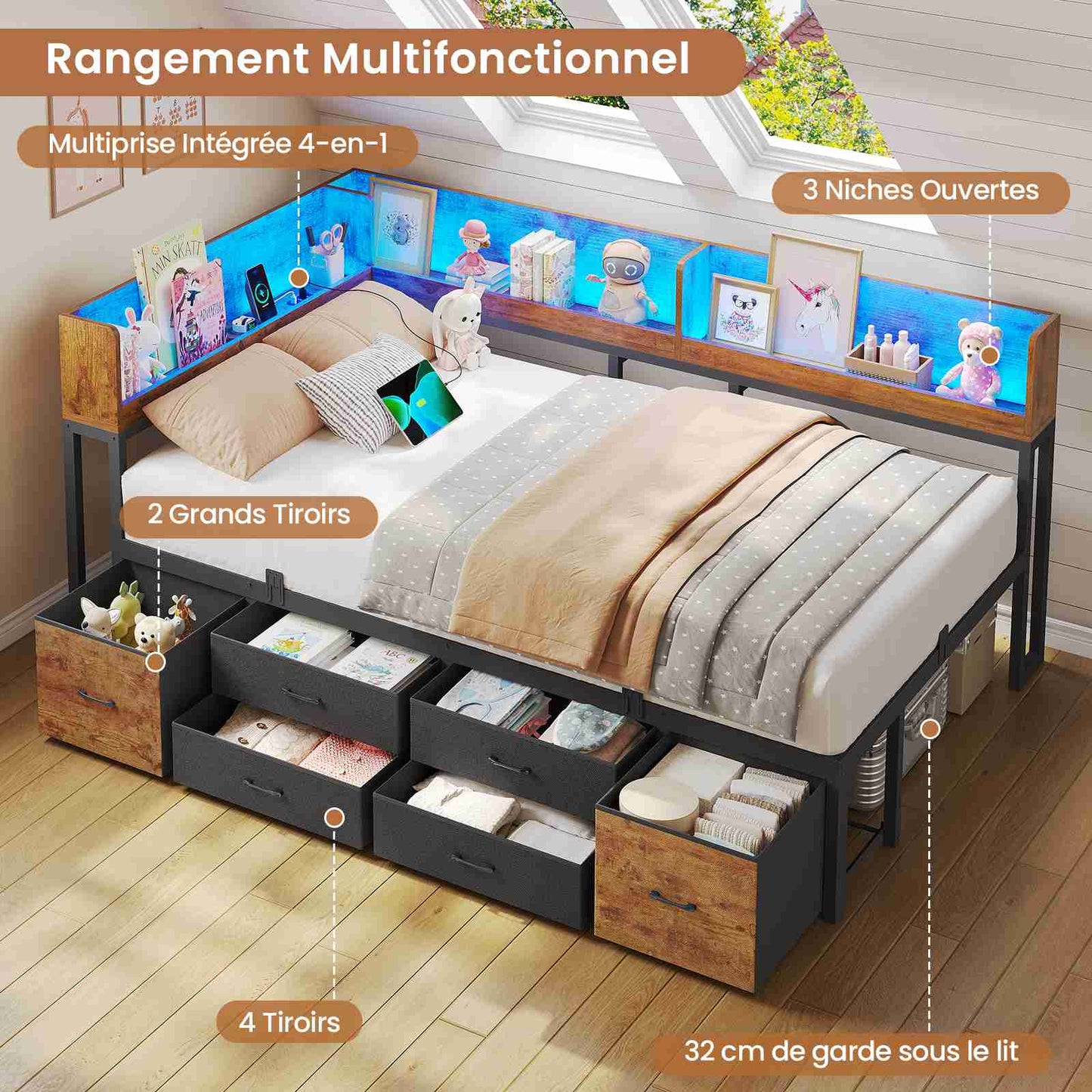 Canapé-lit AOGLLATI à dossier rabattable avec éclairage LED et multiprise lit 90 x 190 avec sommier métallique 3 compartiments de rangement ouverts et 6 tiroirs