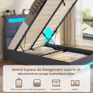 AOGLLATI 90 × 200 cm  lit double avec éclairage LED et port USB, espace de rangement tête de lit réglable sommier à lattes rembourré