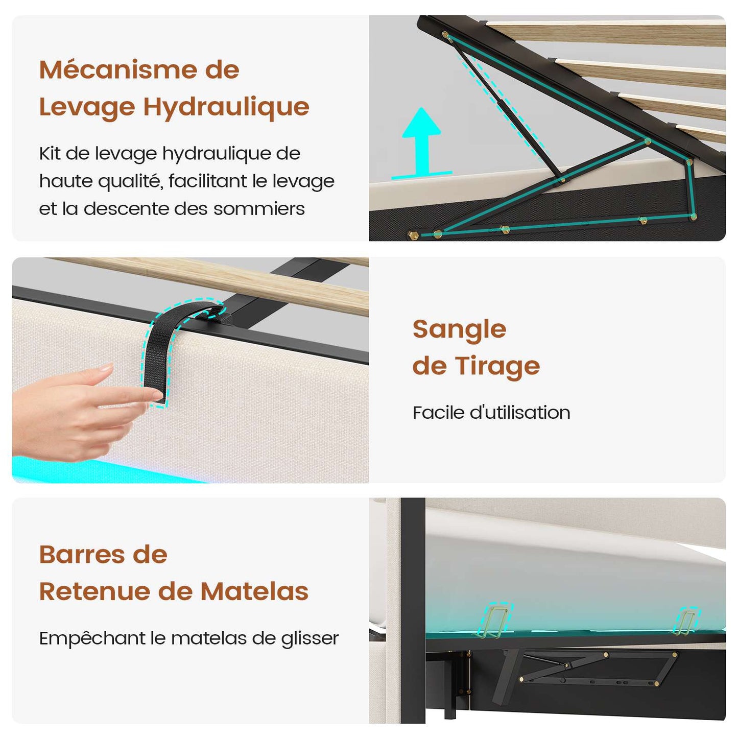 AOGLLATI 160 × 200 cm  lit double avec éclairage LED et port USB, espace de rangement tête de lit réglable sommier à lattes rembourré
