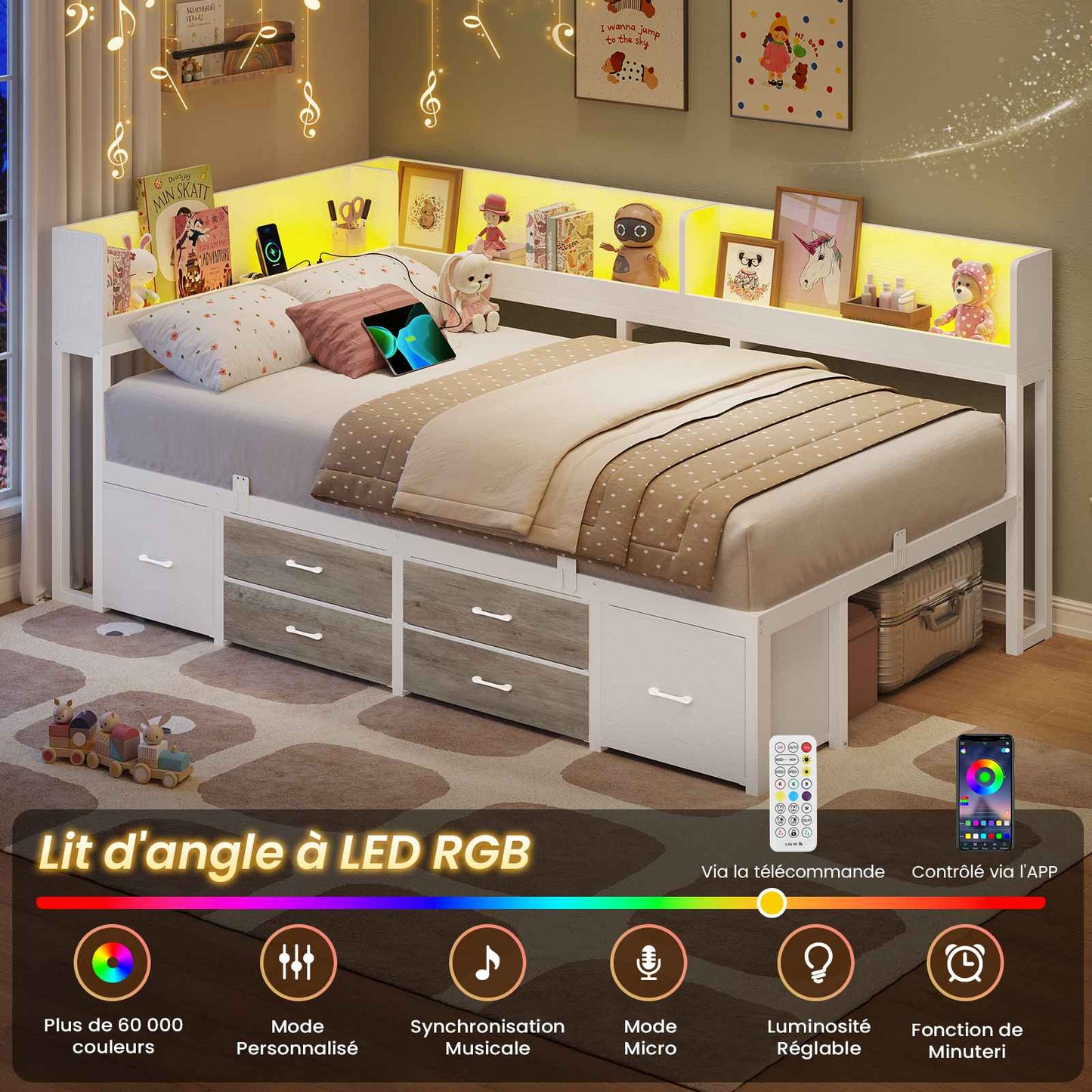 Canapé-lit AOGLLATI à dossier rabattable avec éclairage LED et multiprise lit 90 x 190 avec sommier métallique 3 compartiments de rangement ouverts et 6 tiroirs