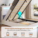 AOGLLATI 90 × 200 cm  lit double avec éclairage LED et port USB, espace de rangement tête de lit réglable sommier à lattes rembourré