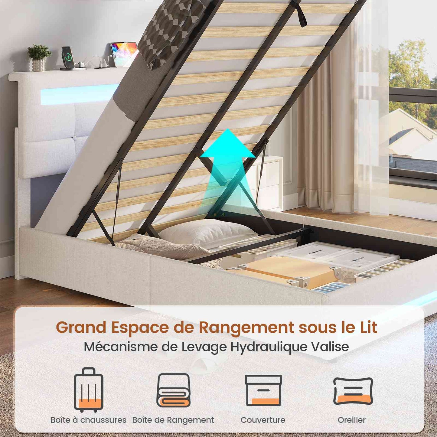 AOGLLATI 90 × 200 cm  lit double avec éclairage LED et port USB, espace de rangement tête de lit réglable sommier à lattes rembourré