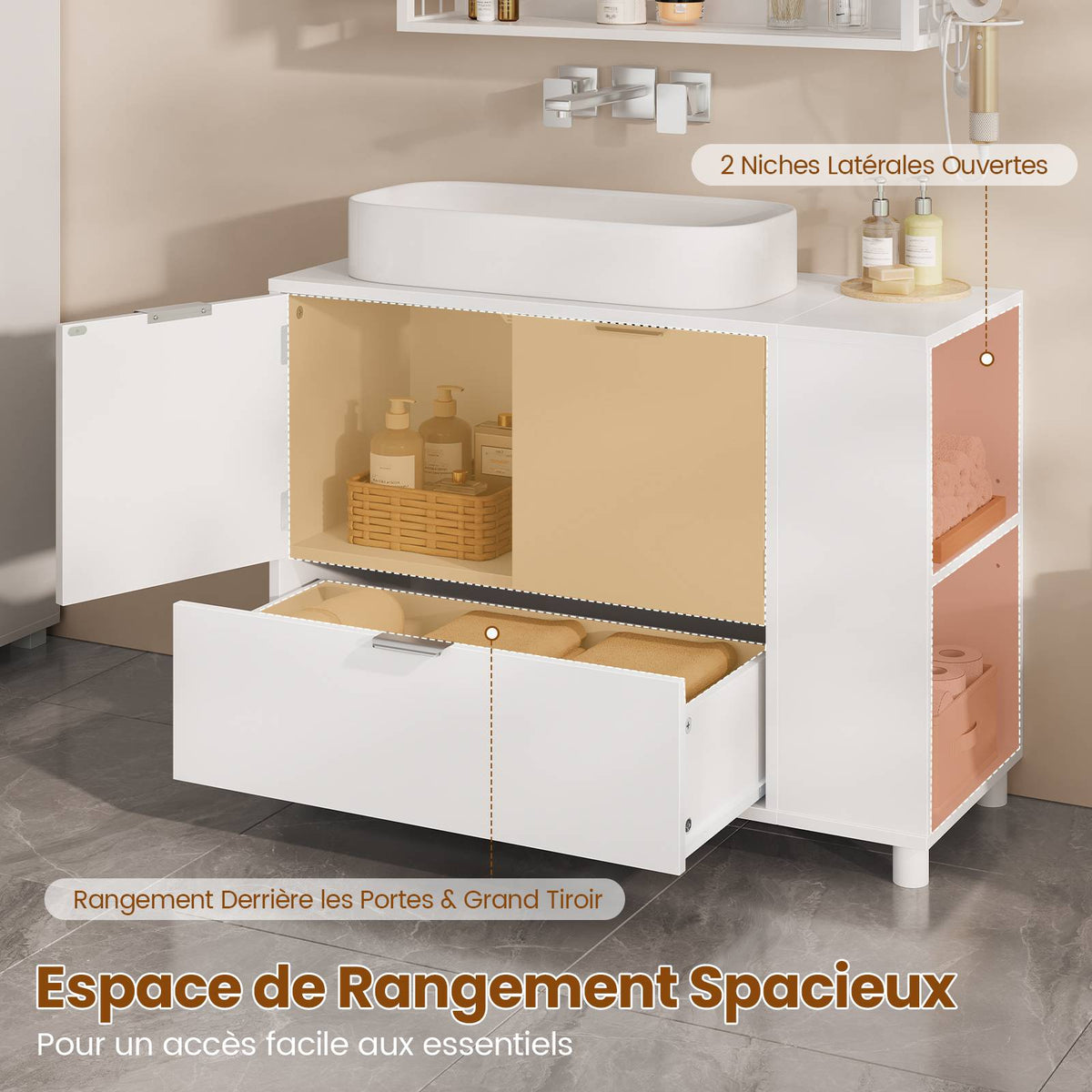 AOGLLATI Meuble-lavabo blanc avec double porte grands tiroirs et étagère ouverte sur un côté Dimensions  30 x 60 x 75 cm