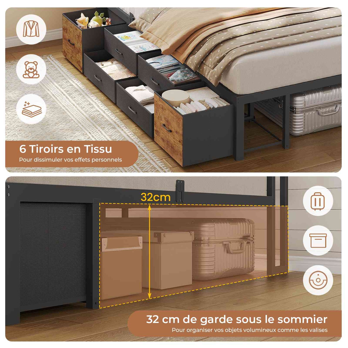 Canapé-lit AOGLLATI à dossier rabattable avec éclairage LED et multiprise lit 90 x 190 avec sommier métallique 3 compartiments de rangement ouverts et 6 tiroirs