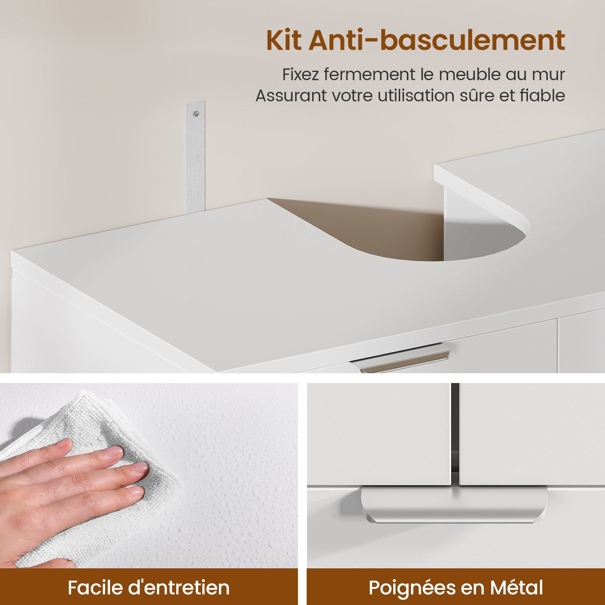 AOGLLATI Meuble-lavabo blanc avec double porte grands tiroirs et étagère ouverte sur un côté Dimensions  30 x 60 x 75 cm