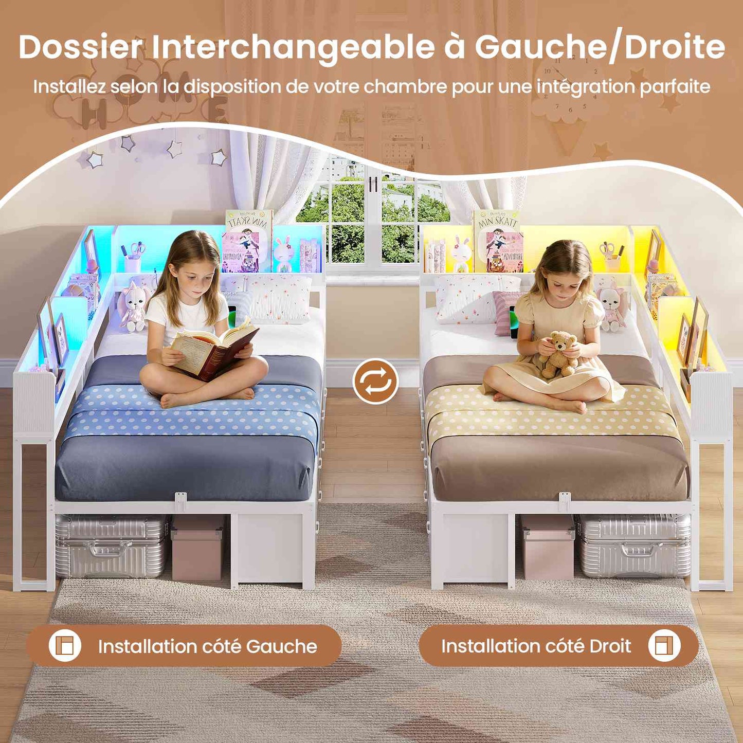 Canapé-lit AOGLLATI à dossier rabattable avec éclairage LED et multiprise lit 90 x 190 avec sommier métallique 3 compartiments de rangement ouverts et 6 tiroirs