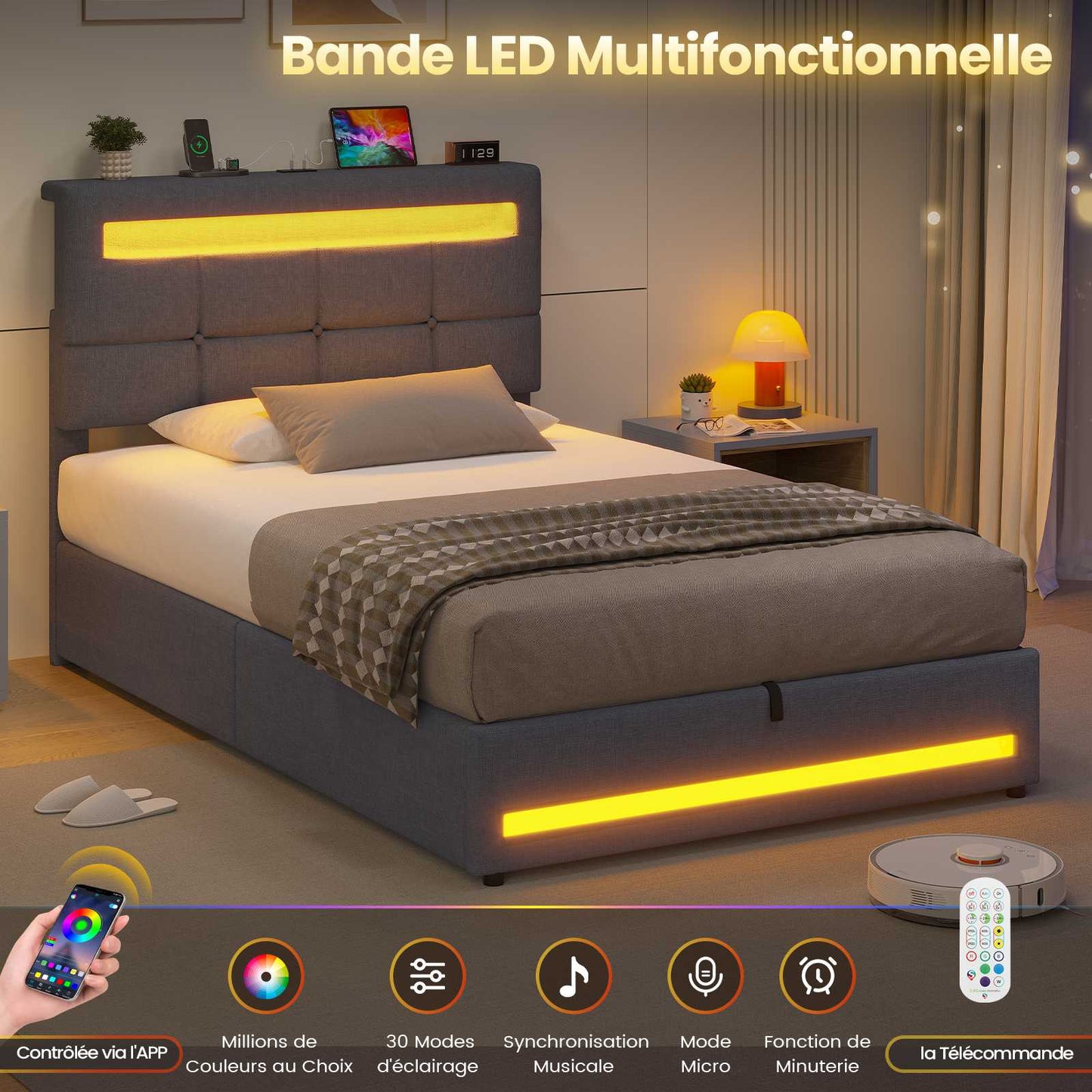AOGLLATI 90 × 200 cm  lit double avec éclairage LED et port USB, espace de rangement tête de lit réglable sommier à lattes rembourré