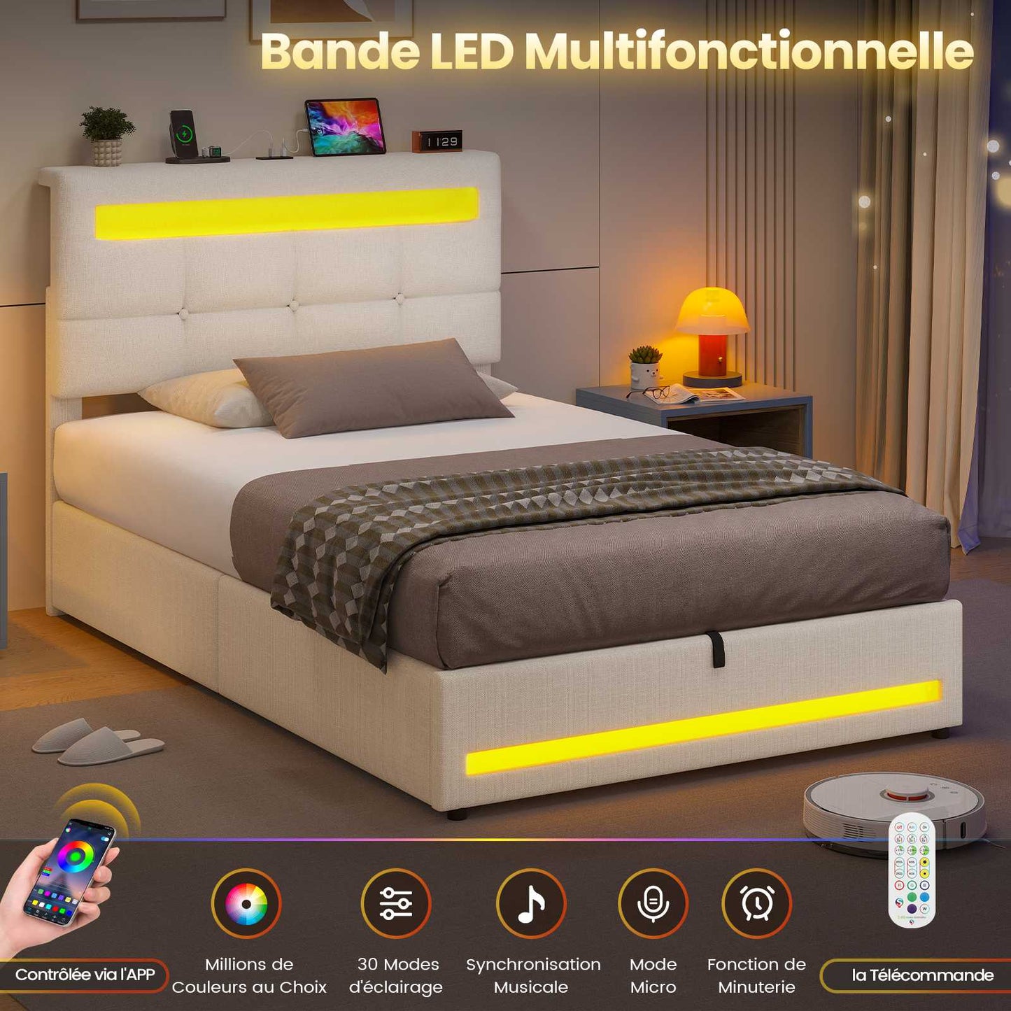 AOGLLATI 90 × 200 cm  lit double avec éclairage LED et port USB, espace de rangement tête de lit réglable sommier à lattes rembourré