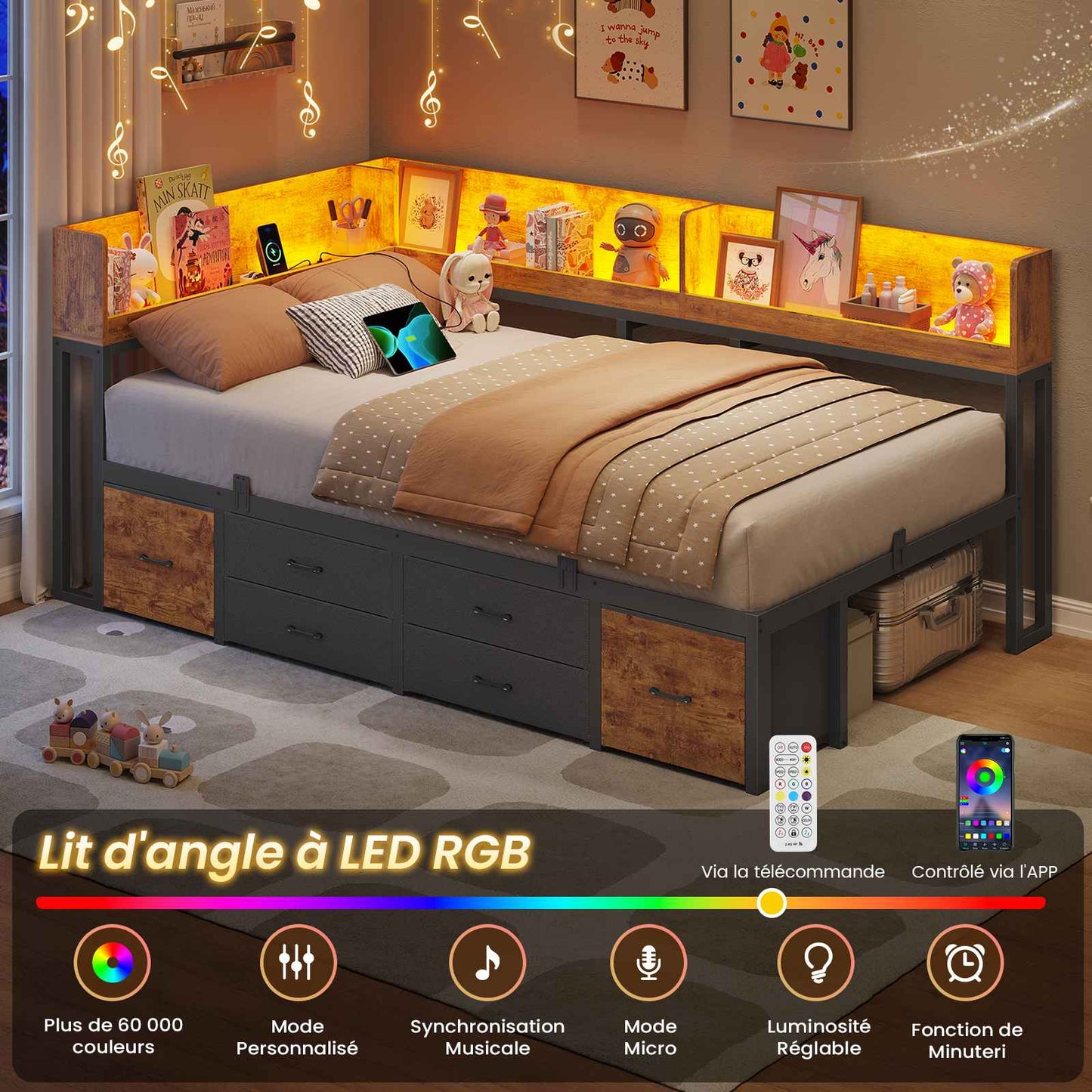 Canapé-lit AOGLLATI à dossier rabattable avec éclairage LED et multiprise lit 90 x 190 avec sommier métallique 3 compartiments de rangement ouverts et 6 tiroirs