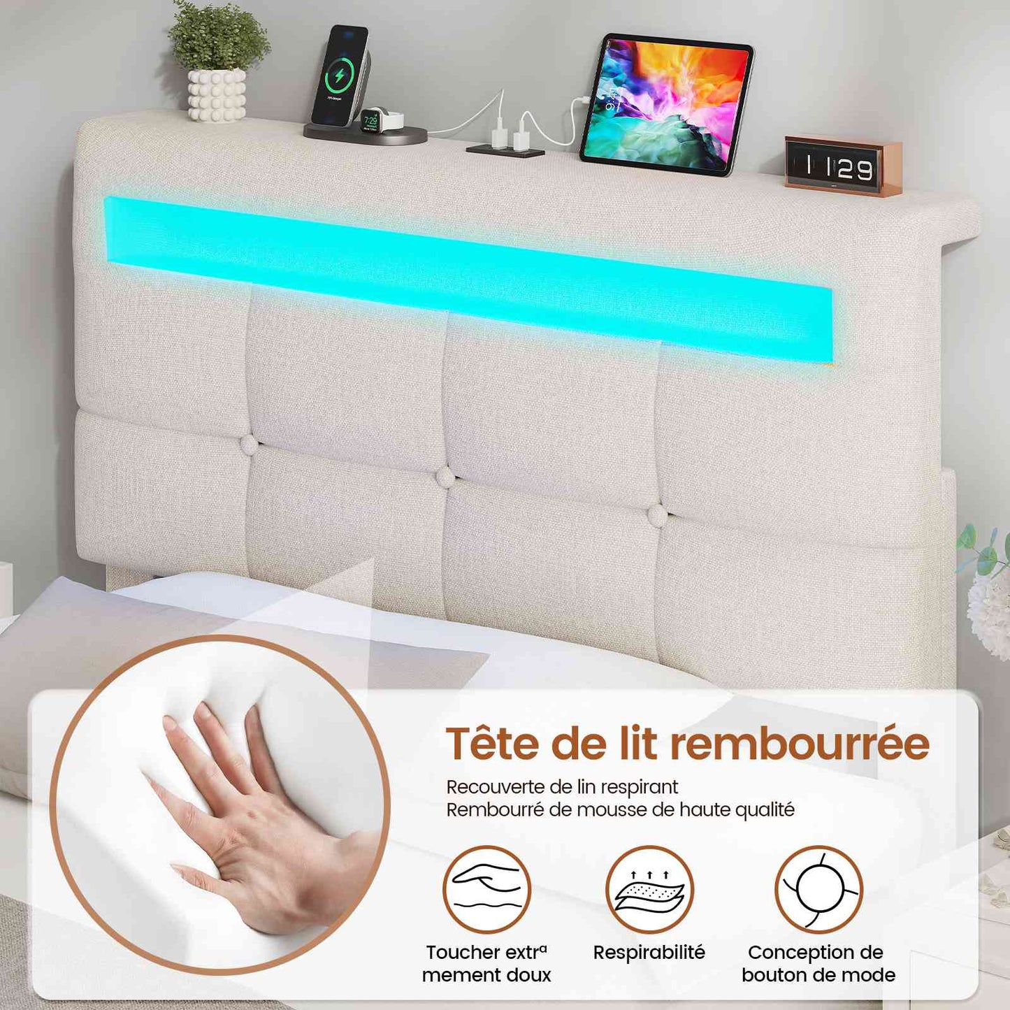 AOGLLATI 90 × 200 cm  lit double avec éclairage LED et port USB, espace de rangement tête de lit réglable sommier à lattes rembourré