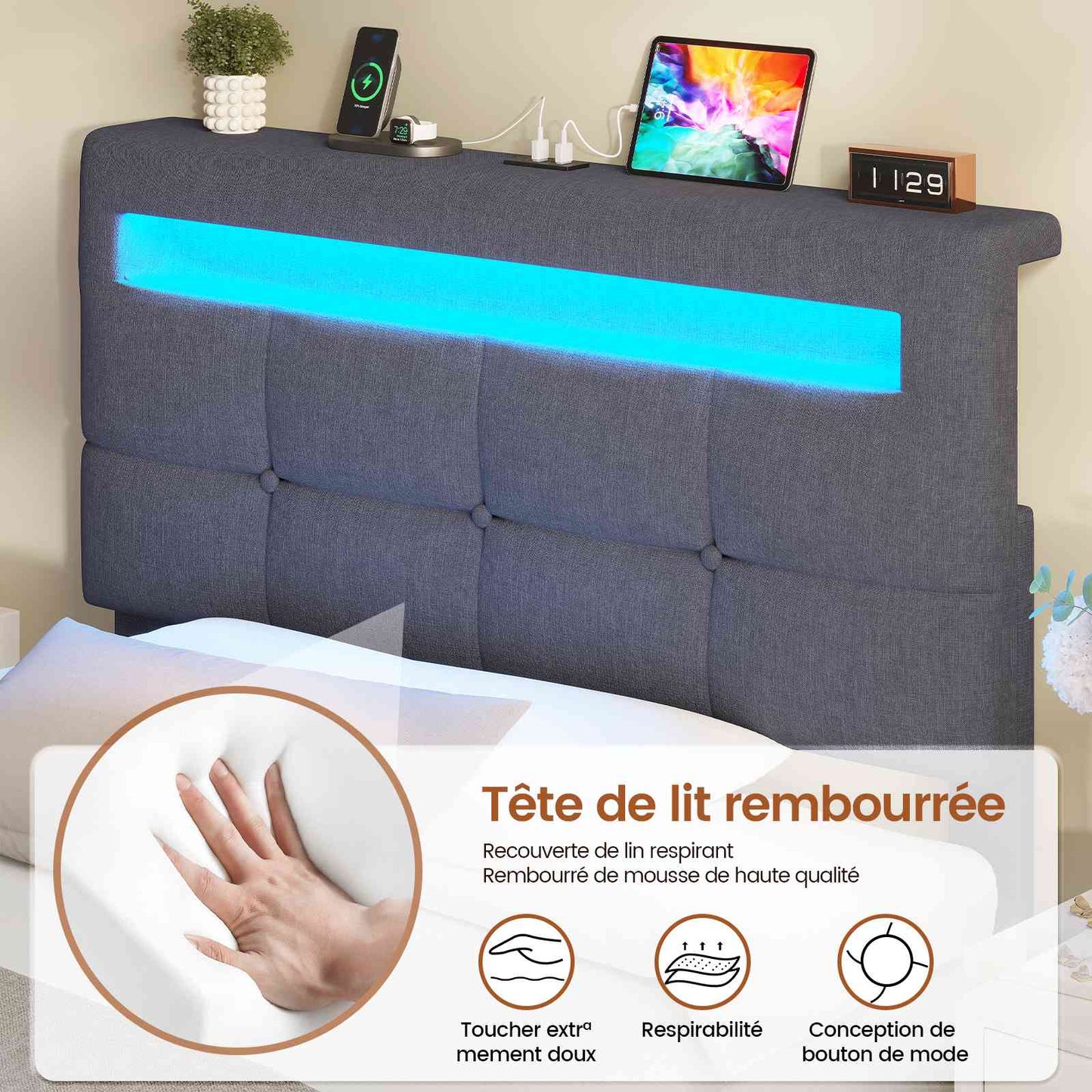 AOGLLATI 90 × 200 cm  lit double avec éclairage LED et port USB, espace de rangement tête de lit réglable sommier à lattes rembourré