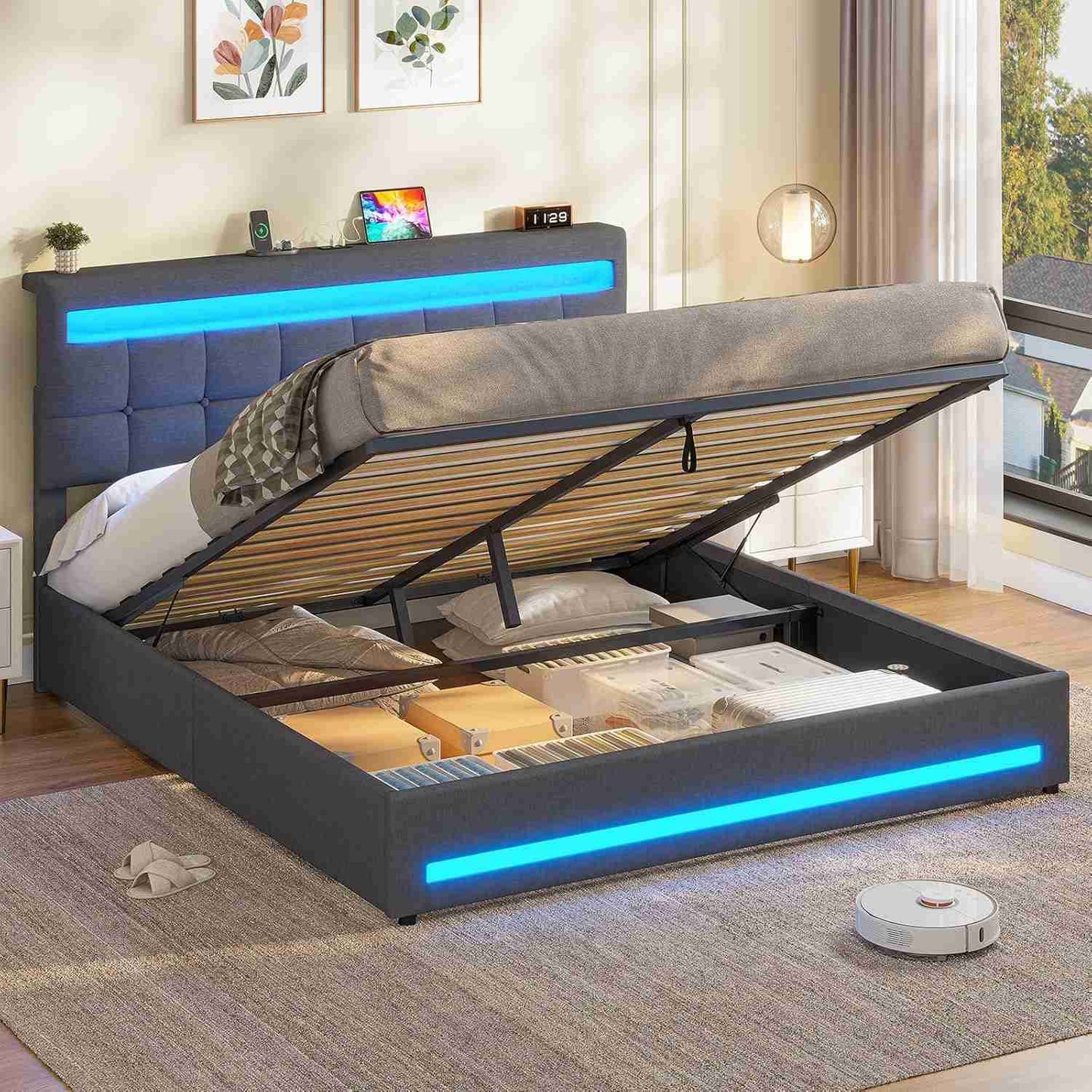 AOGLLATI 160 × 200 cm  lit double avec éclairage LED et port USB, espace de rangement tête de lit réglable sommier à lattes rembourré