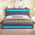 AOGLLATI 160 × 200 cm  lit double avec éclairage LED et port USB, espace de rangement tête de lit réglable sommier à lattes rembourré