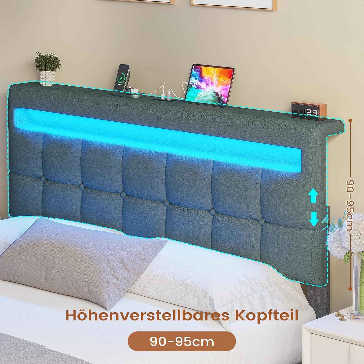 AOGLLATI 160 × 200 cm  lit double avec éclairage LED et port USB, espace de rangement tête de lit réglable sommier à lattes rembourré