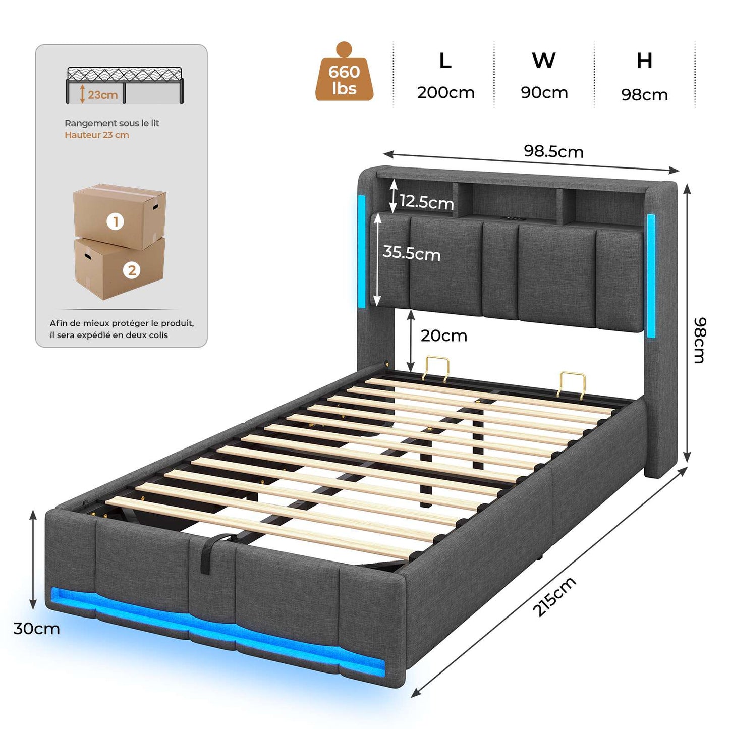 AOGLLATI Lit Coffre 90x200 CM  Lit  avec LED et Ports USB Cadre de lit avec Tête de Lit capitonné et Rangement