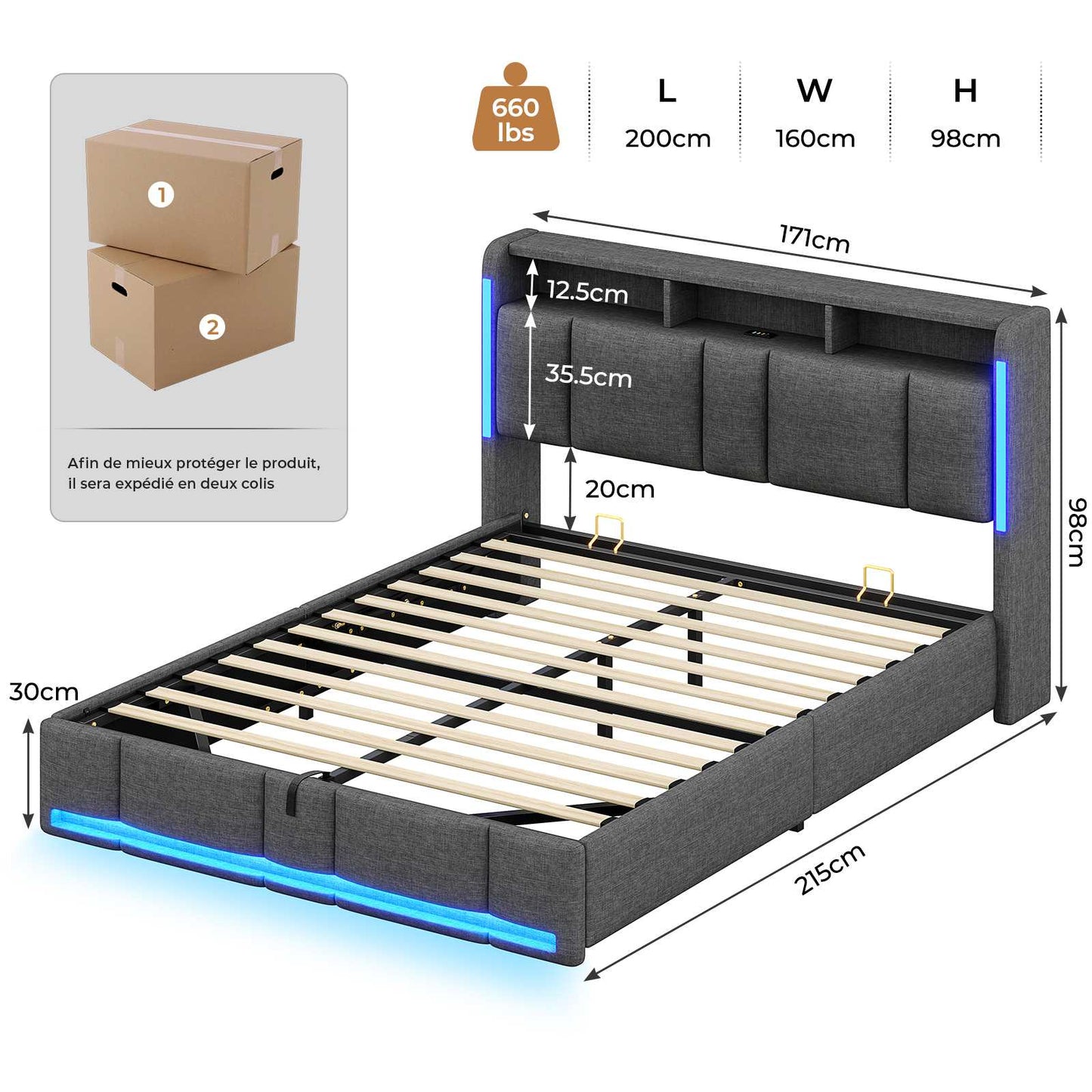 AOGLLATI Lit Coffre 160x200 CM  Lit Double avec LED et Ports USB Cadre de lit avec Tête de Lit capitonné et Rangement