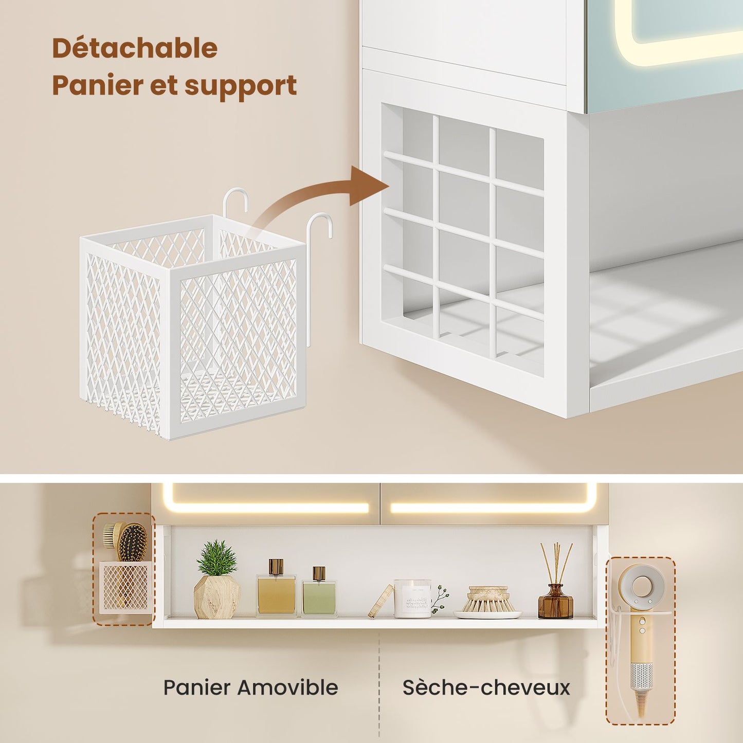 AOGLLATI Meuble-lavabo avec éclairage LED et prise électrique  armoire de salle de bain avec miroir HD et étagères réglables mesurant 70 x 16 x 60 pouces